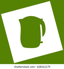 Electric kettle sign. Vector. White icon obtained as a result of subtraction rotated square and path. Avocado background.