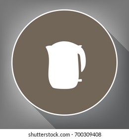 Electric kettle sign. Vector. White icon on brown circle with white contour and long shadow at gray background. Like top view on postament.