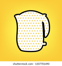 Electric kettle sign. Vector. Yellow polka dot white icon with black contour at warm yellow background.