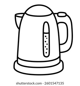 Electric kettle, simple cartoon drawing. Black and white doodle icon. Hand drawn vector illustration.