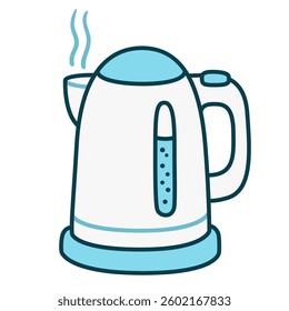 Electric kettle, simple cartoon drawing. White and blue doodle icon. Hand drawn vector illustration.