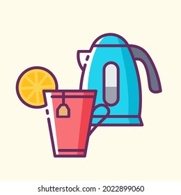 Calentador eléctrico y té con un ícono de color bolso de té. Colección de señales en diferentes categorías de alimentos. Símbolos para la decoración del restaurante. Ilustraciones de contorno con estilo vectorial sobre fondo amarillo.