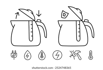 Electric kettle user guide. Product card. Vector editable outline line stroke.