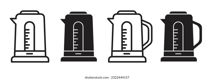 Electric kettle vector icon set in black filled and outlined style. Electric teapot machine silhouette. 