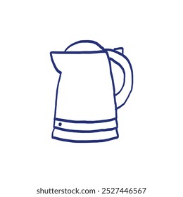 Electric kettle. Vector teapot. Cookware collection. Metal and plastic samples.Illustration set. Blue pen or marker drawing. Primitive kids picture