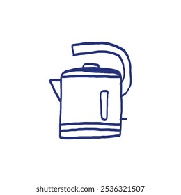 Electric kettle. Vector teapot. Cookware collection. Metal and plastic samples.Illustration set. Blue pen or marker drawing. Primitive kids picture