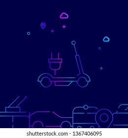 Electric Kick or Push Scooter Vector Line Illustration. Public Transport Gradient Icon, Symbol, Sign. Dark Blue Background. Related Bottom Border.