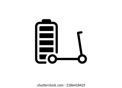 Electric kick scooter fully charged battery energy indicator black linear icon. Electrical transportation accumulator charger symbol. Electro charging e-scooter. Eco friendly transport recharge sign