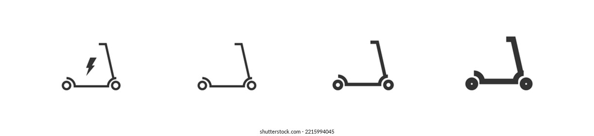Electric kick scooter set black line icon different thickness. Isolated flat vector illustration 