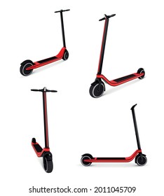 Electric kick scooter taken from different angles realistic colored set on white background isolated vector illustration