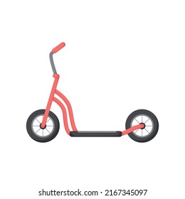 Electric Kick Scooter. Urban transport. Means of transportation through streets of city. Fast safe driving. Summer travel. Colored scooter icon for rent. Sports equipment. Isolated vector illustration