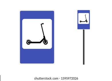 Electric kick scooter zone blue rectangular roadsign for eco friendly green mobility and city transport. Vector e-scooter traffic regulation road sign isolated illustration