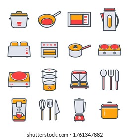Electric Kitchen and Stainless Steel Kitchen Cooking Utensils Vector Color Icons Set.