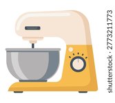 Electric kitchen stand mixer in hand-drawn flat style, isolated yellow planetary mixer with steel bowl for baking and cooking design.