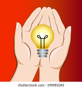 Electric lamp in the hands of man. The supply of electricity.