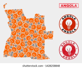 Electric lamp mosaic Angola map and grunge rounded watermarks. Mosaic vector Angola map is composed with electrical lamp items. Abstraction for electric services. Orange and red colors used.