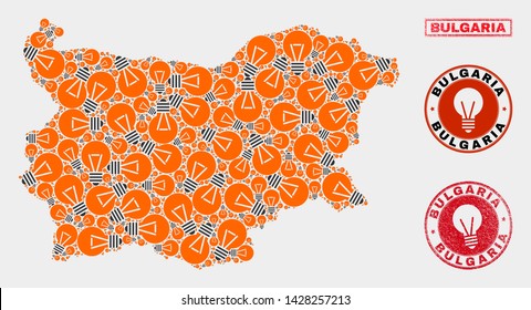 Electric lamp mosaic Bulgaria map and grunge rounded stamp seals. Mosaic vector Bulgaria map is created with electrical lamp icons. Abstract images for electric business. Orange and red colors used.