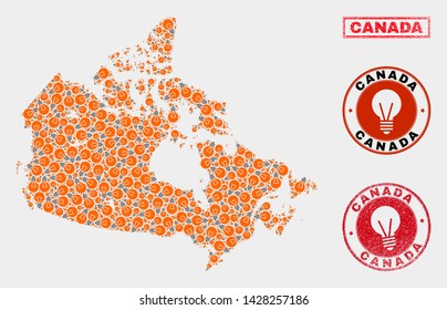 Electric lamp mosaic Canada map and grunge rounded watermarks. Mosaic vector Canada map is designed with illumination lamp elements. Abstract images for power supply business.