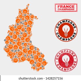 Electric lamp mosaic Champagne Province map and rubber rounded watermarks. Collage vector Champagne Province map is designed with electric bulb items. Templates for electric services.