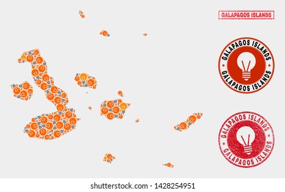 Electric lamp mosaic Galapagos Islands map and rubber rounded watermarks. Mosaic vector Galapagos Islands map is composed with light lamp elements. Abstract images for electric business.