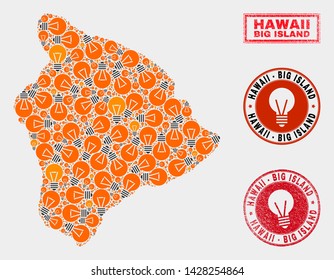 Electric lamp mosaic Hawaii Big Island map and rubber round stamp seals. Mosaic vector Hawaii Big Island map is created with power lamp symbols. Templates for patent business.
