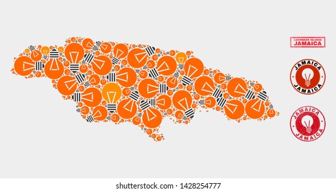 Electric lamp mosaic Jamaica map and rubber rounded stamp seals. Mosaic vector Jamaica map is created with electric lamp symbols. Abstract images for patent services. Orange and red colors used.
