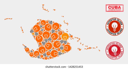 Electric lamp mosaic Juventud Island map and rubber rounded stamp seals. Mosaic vector Juventud Island map is designed with illumination lamp icons. Templates for innovation business.