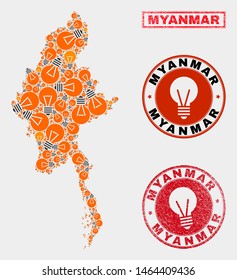 Electric lamp mosaic Myanmar map and grunge rounded stamps. Mosaic vector Myanmar map is composed with idea lamp icons. Concept for electric services. Orange and red colors used.
