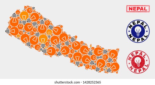 Electric lamp mosaic Nepal map and rubber rounded stamps. Mosaic vector Nepal map is created with electric lamp symbols. Abstraction for innovation services. Orange and red colors used.