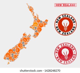 Electric lamp mosaic New Zealand map and grunge round stamp seals. Mosaic vector New Zealand map is designed with imagination lamp items. Abstraction for electric business. Orange and red colors used.