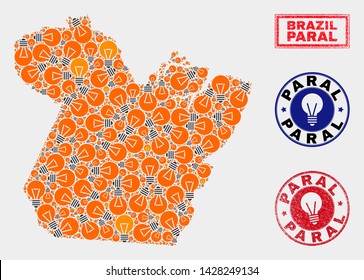 Electric lamp mosaic Paral State map and grunge round stamp seals. Mosaic vector Paral State map is designed with electric bulb items. Abstract images for innovation business.