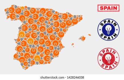 Electric lamp mosaic Spain map and grunge round seals. Mosaic vector Spain map is composed with electric lamp elements. Templates for electric services. Orange and red colors used.