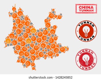 Electric lamp mosaic Yunnan Province map and grunge round seals. Mosaic vector Yunnan Province map is composed with power lamp elements. Abstract images for electric services.