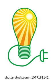 An electric lamp with the sun inside. The symbol of solar and green energy. Renewable energy sources. Ecology.  Vector graphics.
