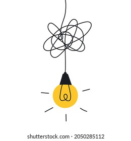 Electric lamp with tangled wires. Creativity and electricity icon concept. Thin line elegant vector illustration on white.