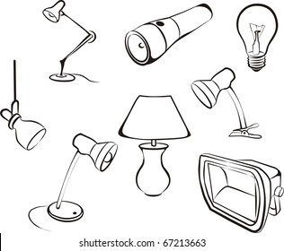 Electric lamps, chandeliers and light bulb set sketch in black lines