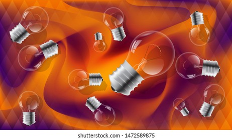 Electric lamps of different sizes on an abstract background with translucent rhombuses and a mixture of orange and purple. art fantastic wallpaper. vector