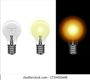 Electric lamps. Set of realistic light bulbs glowing in day and night.
Electricity concept. The symbol of creativity in business and ideas.
Vector white background isolated.