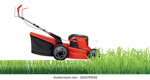 Electric lawn mower mowing green grass realistic vector illustration