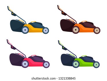  Electric lawn mower in summertime. Lawn grass service concept. Flat style. Vector Illustration.