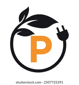 Logo de la hoja eléctrica combinado con la letra P Plantilla de Vector