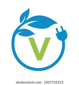 Electric Leaf Logo combine with letter V vector template