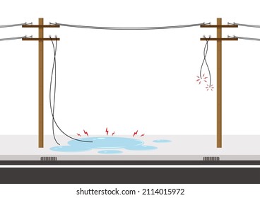 Electric leakage. Electric wire of high voltage pole is damaged and short circuit in water with rain flat icon vector.