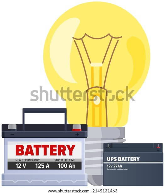 Electric LED, incandescent lamp and battery\
for charging. Electrical appliance for creating light. Light bulb\
near battery, electricity generator vector illustration. Charging\
device using\
accumulator