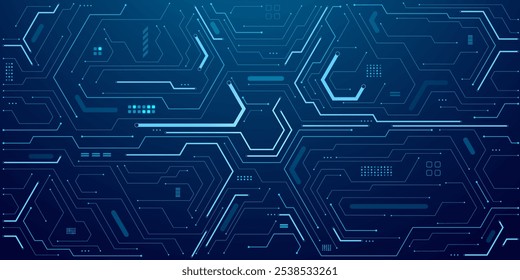 Electric light blue circuit board. Tech background. AI chip and semiconductor elements on dark blue technology bg. Cyber network. Digital concept. Electronics pattern or texture, Vector illustration. 