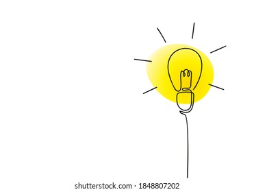 Electric light bulb continuous one line drawing bright yellow gradient, Vector minimalist linear lamp illustration made of single line ideas concept banner template