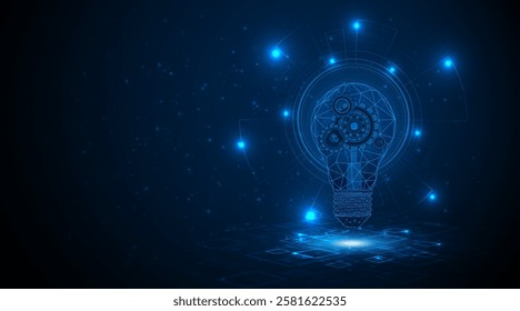 Electric light bulb or creative light bulb with gears or cogs on the front. Ideas for solving innovative problems in digital technology
