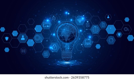 Electric light bulb or creative light bulb with a globe or world map inside. Global internet connection concept for business Advanced digital technology	