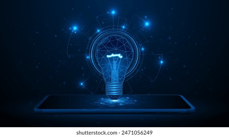 Bombilla eléctrica o creatividad en tableta o smartphone. Concepto global de conectividad a Internet para empresas Tecnología digital avanzada. Ahorro de electricidad y energía
