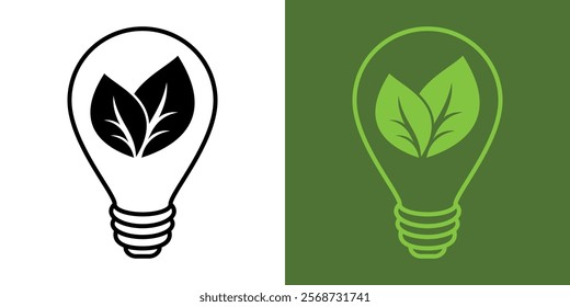 Electric light bulb with a green leaf. Energy saving symbol. Green energy and eco-friendly sources logo concept. World Environment Day. Energy icon with a green leaf